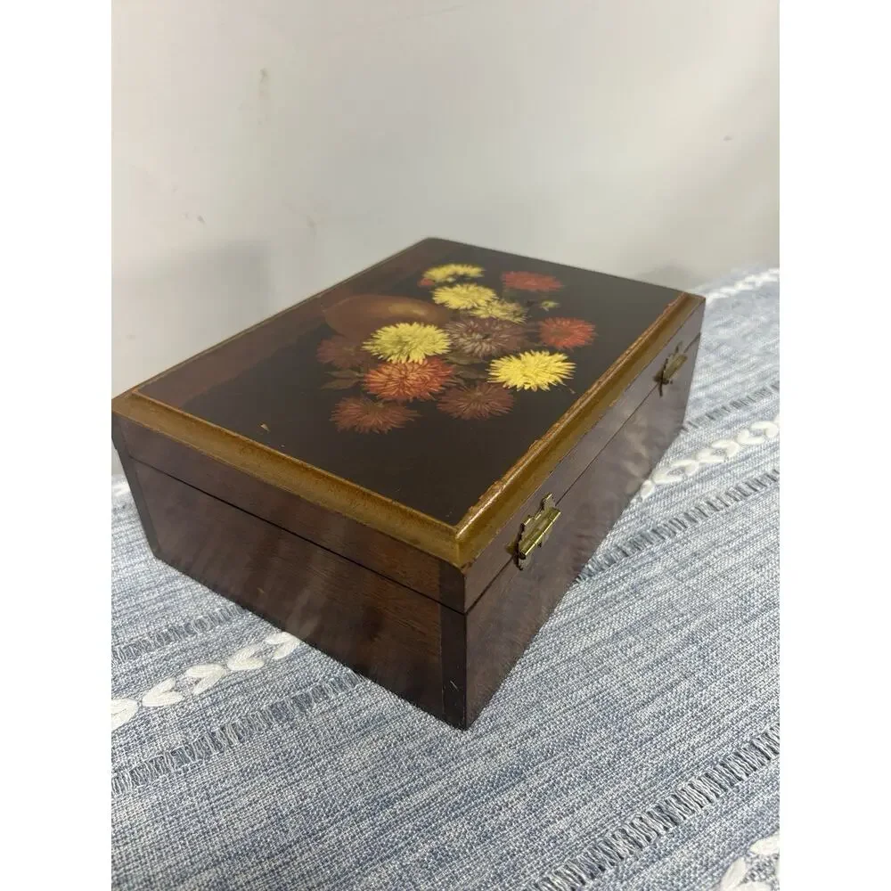 Vintage 1970s Wood Jewelry Box Floral Lid Etched Mirror Gold Lined Keepsake